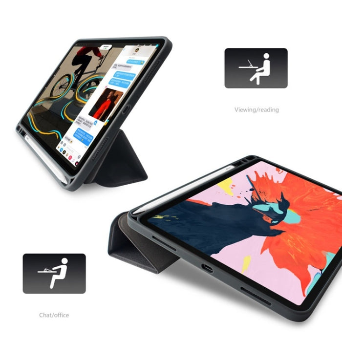 Estuche de cuero Mutural Exquisite Series con textura de tela PU + TPU para iPad Pro de 12.9 pulgadas (2018), con soporte de 3 pliegues y ranura para bolígrafo y función de suspensión y activación